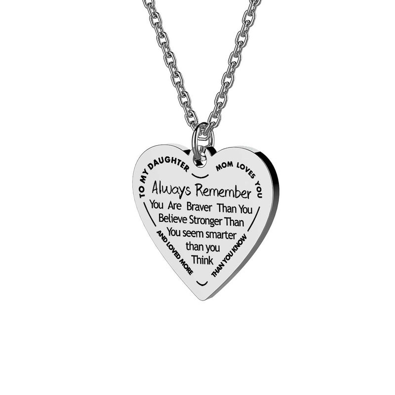 Haoflower Daughter Heart Pendant Necklace You are Braver Than You Believe Engraved Motivational Message Stainless Steel Jewelry Gifts from Mom Dad (to My daugher - Mom Loves You) - Image 1